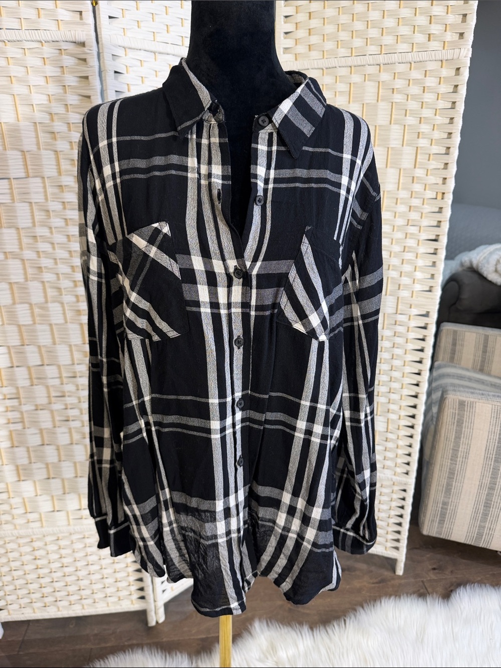 Lucky Brand Black and White Plaid Button-Down Shirt